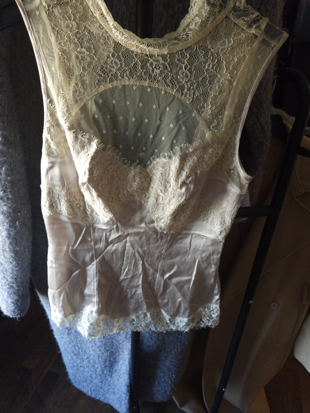 bebe Cream Lace Panel Satin Tank Top